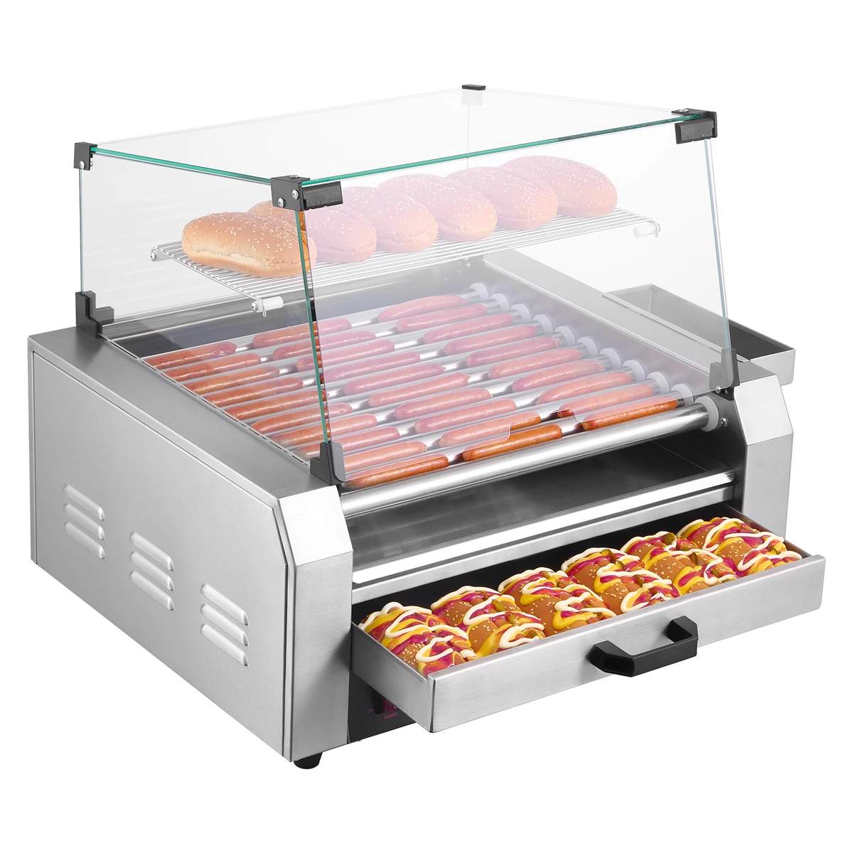VEVOR Hot Dog Maker – 11 Rollen, 2,2 KW, 30 Hot Dogs Gleichzeitig, Edelstahl, Glasdeckel