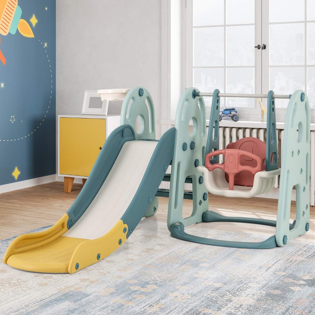 Kinder Klettergerüst 4-in-1 Kinder Spielturm Mit Rutsche, Schaukel, Klettergerüst & Basketballkorb Outdoor Spielgerät
