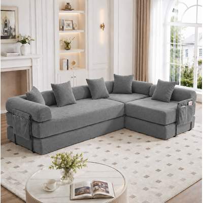 Preisvergleich für Modulares Familiensofa Mit Großer Sitzfläche, Seitentasche Und Schlaffunktion, Cordstoff Dunkelgrau