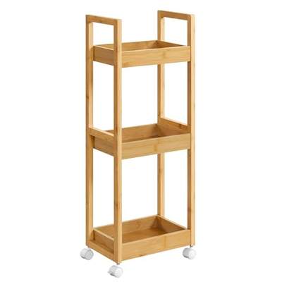 Preisvergleich für SONGMICS Rollwagen, Badregal, Badezimmerregal mit 3 Ebenen, Nischenregal Bambus, Regal schmal, Nischenwagen auf Rollen,, BxHxT 30x80x20 cm