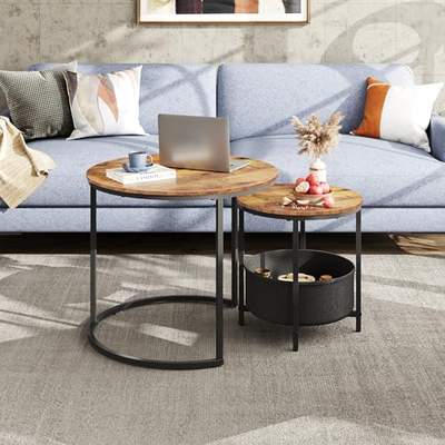 Preisvergleich für WLIVE Couchtisch 2er Set, Beistelltisch Rund mit Stauraum, Wohnzimmertisch Holz mit Metallrahmen, Sofatisch für Wohnzimmer, BxHxT 60x51x60 cm, in der Farbe Braun, aus Stoff