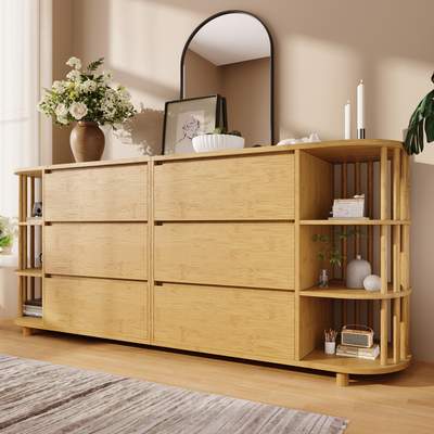 Preisvergleich für Kommode Sideboard 160cm Eiche, Römisches Design Mit Säulen & Bambus-regalen, 6 Schubladen & Offene Regale, Höhenverstellbare