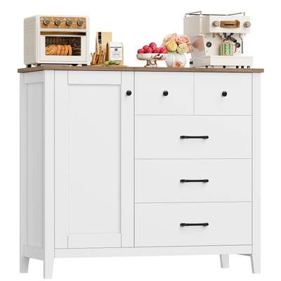 Preisvergleich für Sideboard, Küchenschrank mit 5 Schubladen und 1 Tür, Buffetschrank mit Arbeitsplatte für Küche, Esszimmer, Wohnzimmer, Flur, in der Farbe Weiss