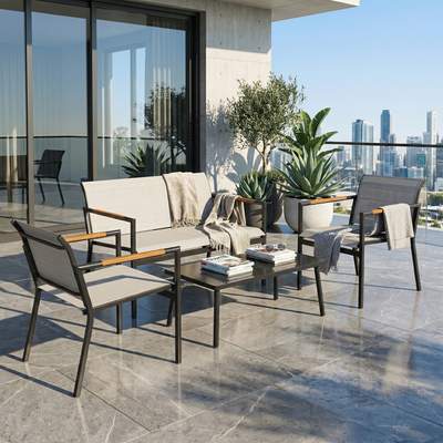 Preisvergleich für Outsunny Gartenmöbel Set Sitzgruppe für 4 Personen Atmungsaktiv Gartenlounge mit 2er Sofa 2 Sessel Metall-Tisch Fußpads,, in der Farbe Weiss