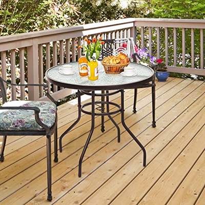 Preisvergleich für GYMAX Gartentisch rund 80 cm, Balkontisch klein mit Schirmloch, Beistelltisch Outdoor Wetterfest mit Glasplatte & Metallgestell,, BxHxT 80x72x80 cm, in der Farbe Schwarz, aus Pulverbeschichtet