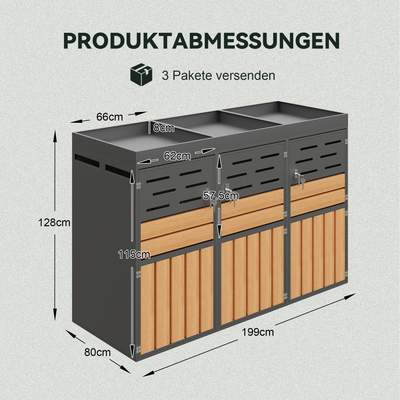 Preisvergleich für Multifunktionaler Außenschrank Mit Integriertem Pflanzkasten, Lamellenbelüftung, Drei Separaten Fächern, Verzinktem Stahlrahmen, in der Farbe Grau, aus Stahl