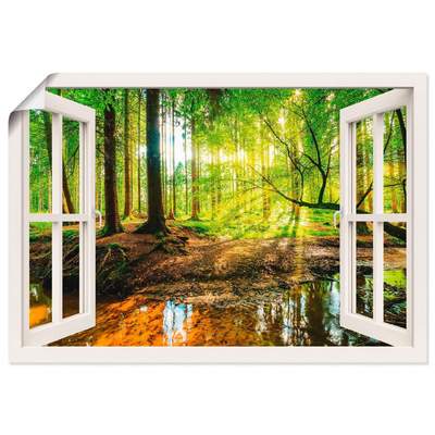 Preisvergleich für Artland Wandbild Fensterblick - Wald mit Bach, Wald (1 St),  als Leinwandbild, Wandaufkleber oder Poster in versch. Größen, BxT 100x70  cm, in der Farbe Weiss, aus Acryl, GTIN: 4058661278739 | Ladendirekt