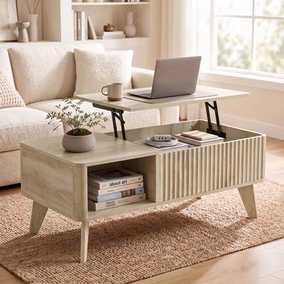 Preisvergleich für HOMCOM Hochklappbarer Couchtisch mit verstecktem Fach und 2 offenen Regalen, Wohnzimmertisch mit abgerundeten Ecken, Mid-Century-Stil,, BxHxT 100x41x48 cm, aus Mdf