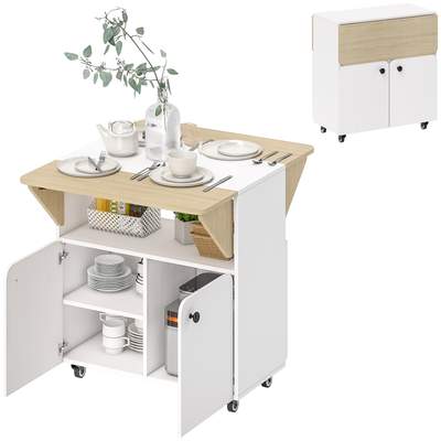 Preisvergleich für Klapptisch/schrank Mit Zwei Ausklappbaren Seiten, Staufach, 4 Rollen, Weiß-naturfarbenes Holz, 70 X 83 X 75 Cm, BxHxT 70x75x83 cm