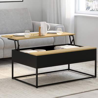 Preisvergleich für Schwarzer Couchtisch Mit Aufklappbarer Tischplatte In Buche Rechteckig Boston Industriedesign, in der Farbe Beige, aus Buchenholz