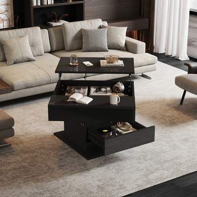Preisvergleich für Couchtisch Schwarz Hochglanz 70x70cm, Kaffeetisch Höhenverstellbar Mit Stauraum & Schublade, Wohnzimmertisch Drehbar, Sofatisch, BxT 70x70 cm, aus Hochglänzend