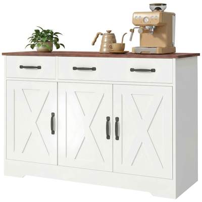 Preisvergleich für Küchen-sideboard, Aufbewahrungsmöbel Mit 3 Scheunentüren, 2 Schubladen Und Verstellbaren Einlegeböden, 108 X 40 X 81 Cm,, BxHxT 108x81x40 cm, in der Farbe Weiss, aus Spanplatte