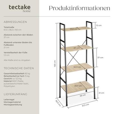 Preisvergleich für tectake® Industrial Leiterregal mit 4 Ebenen, Regal schmal, 61,5 x 36,5 x 150 cm, Bücherregal Wand, als Raumteiler Regal,, BxHxT 36.5x150x61.5 cm, aus Metall