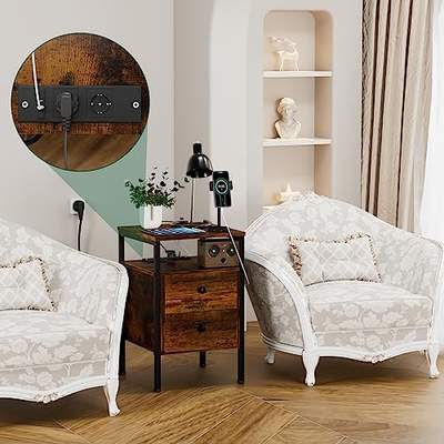 Preisvergleich für Rcynview Beistelltisch Holz mit Ladestation, Nachttisch Schmal mit 2 Schubladen und USB-Anschluss und Steckdose, Nachtkästchen, BxHxT 40x61x40 cm, in der Farbe Braun