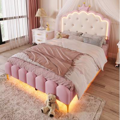 Preisvergleich für Polsterbett Pu Rosa 140x200 Cm Mit Lattenrost Und Led-ambientebeleuchtung, aus Mdf