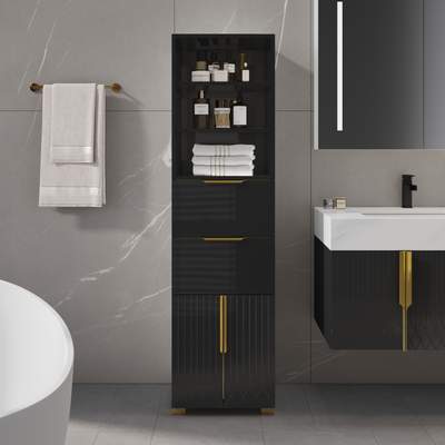 Preisvergleich für Aro 149cm Badezimmerschrank, freistehender Hochschrank mit Regalen, Schubladen & Türen, in der Farbe Schwarz