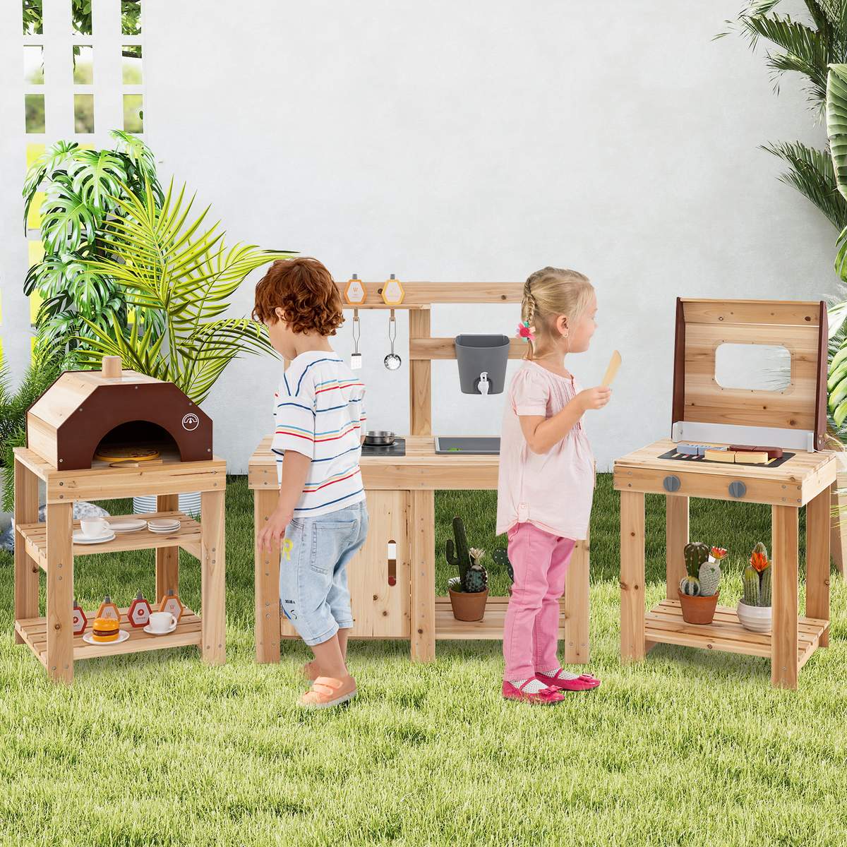 Großes Holz-Küchenset Für Kleinkinder – 41 Teile Spielzeug-Lebensmittel & Utensilien – Spielküche Für 3–8 Jahre – Inkl. Eismaschine, Mikrowelle & Spüle Kinderküche Mit Kaffeemaschine
