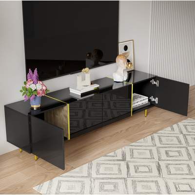 Preisvergleich für Tv-schrank 170x35x46 Cm Schwarz Hochglanz Mdf Mit 4 Türen Und Soft-close-scharnieren, BxHxT 170x46x35 cm
