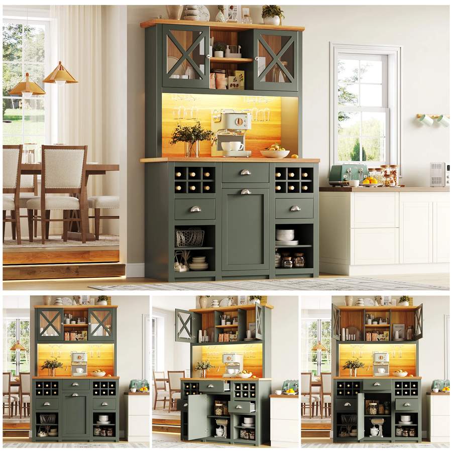 Preisvergleich für Küchenschränke (120 X 45 X 188 Cm), Hohe Küchenschränke, Sideboards, Küchenschränke Mit Glastüren Und Led-beleuchtung, Beistellschrank, BxHxT 120x188x45 cm, in der Farbe Grün, aus Glas