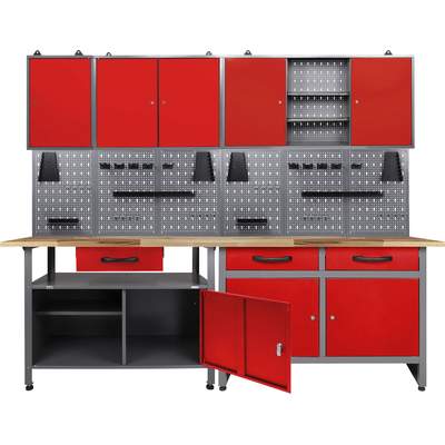 Preisvergleich für ONDIS24 Werkstatt-Set, (Set), 2x Werkbank, 2x  Werkzeugwand, 3x Hängeschrank, in der Farbe Schwarz, aus Metall, GTIN:  4250627249870 | Ladendirekt