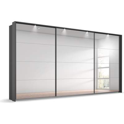 Preisvergleich für rauch Schwebetürenschrank »Oteli«, mit Spiegelfront und Passepartout  optional mit Beleuchtung, BxHxT 368x68x233 cm, in der Farbe Grau, aus  Metall, GTIN: 4057776704812 | Ladendirekt